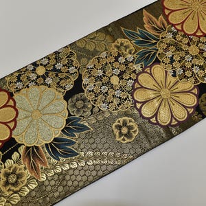 Y809 Vintage Silk Kimono Obi Belt 'fukuro-obi' Black Gold