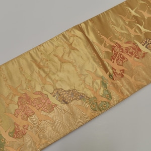 Y323 Vintage Silk Kimono Obi Belt &#39;Fukuro-Obi&#39; Gold / Riverside Flying Crane Group Karakusa Flower