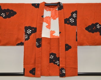 K225 Vintage Silk Kimono Haori Jacket : Poppy Red / Dark Navy Blue Shibori Cloud
