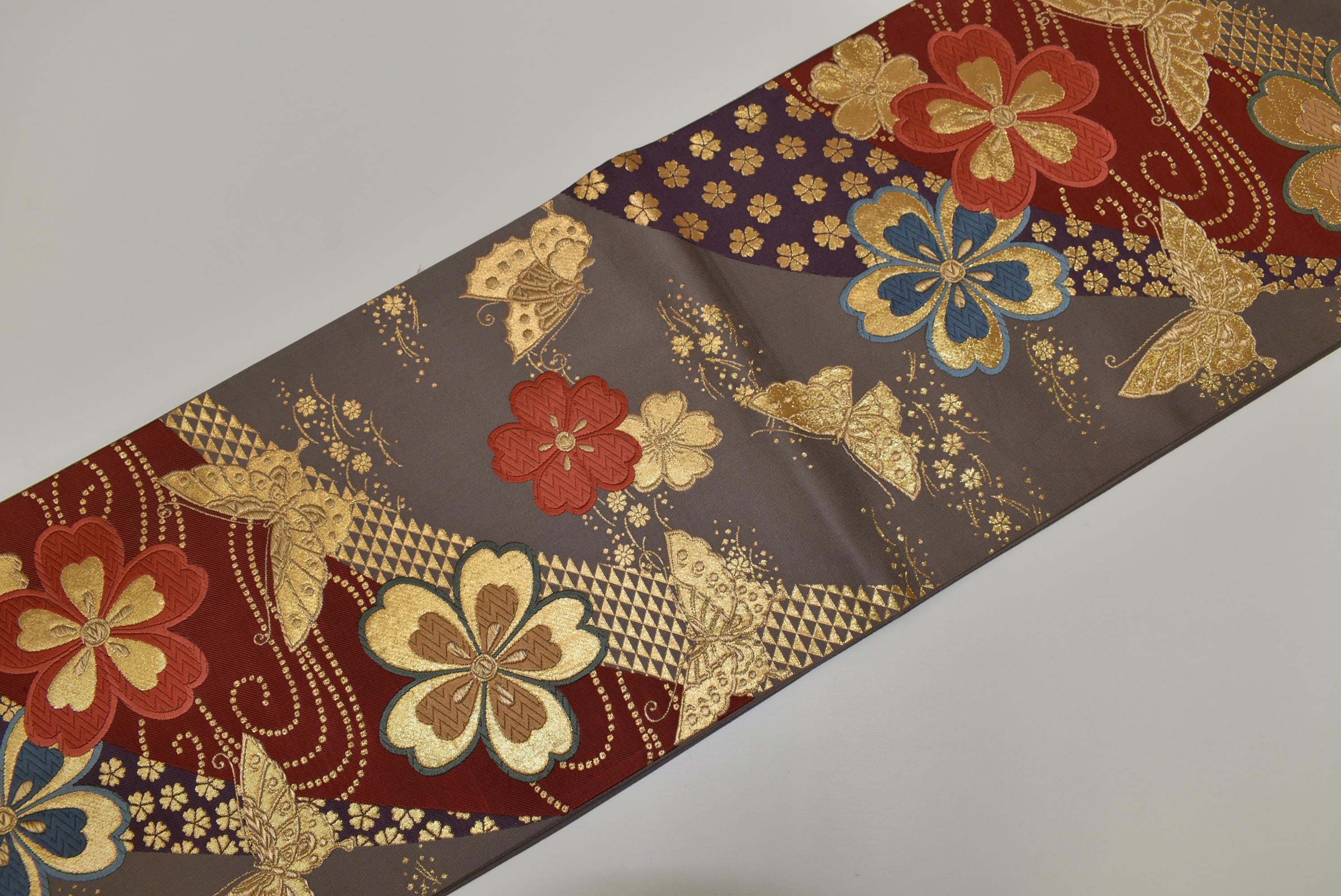 Y65 ヴィンテージ シルク 着物 帯 袋帯 グレー 金彩 刺繍 / 唐織 川辺