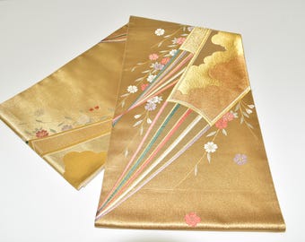 Y289 ヴィンテージ シルク 着物帯 袋帯 金刺繍 / 唐織 しだれ桜 雲扇子