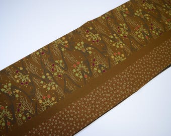 W=208 Vintage Silk Kimono Obi Belt &#39;Fukuro-Obi&#39; Brown Processing / Tsunami Wave Plum Blossom