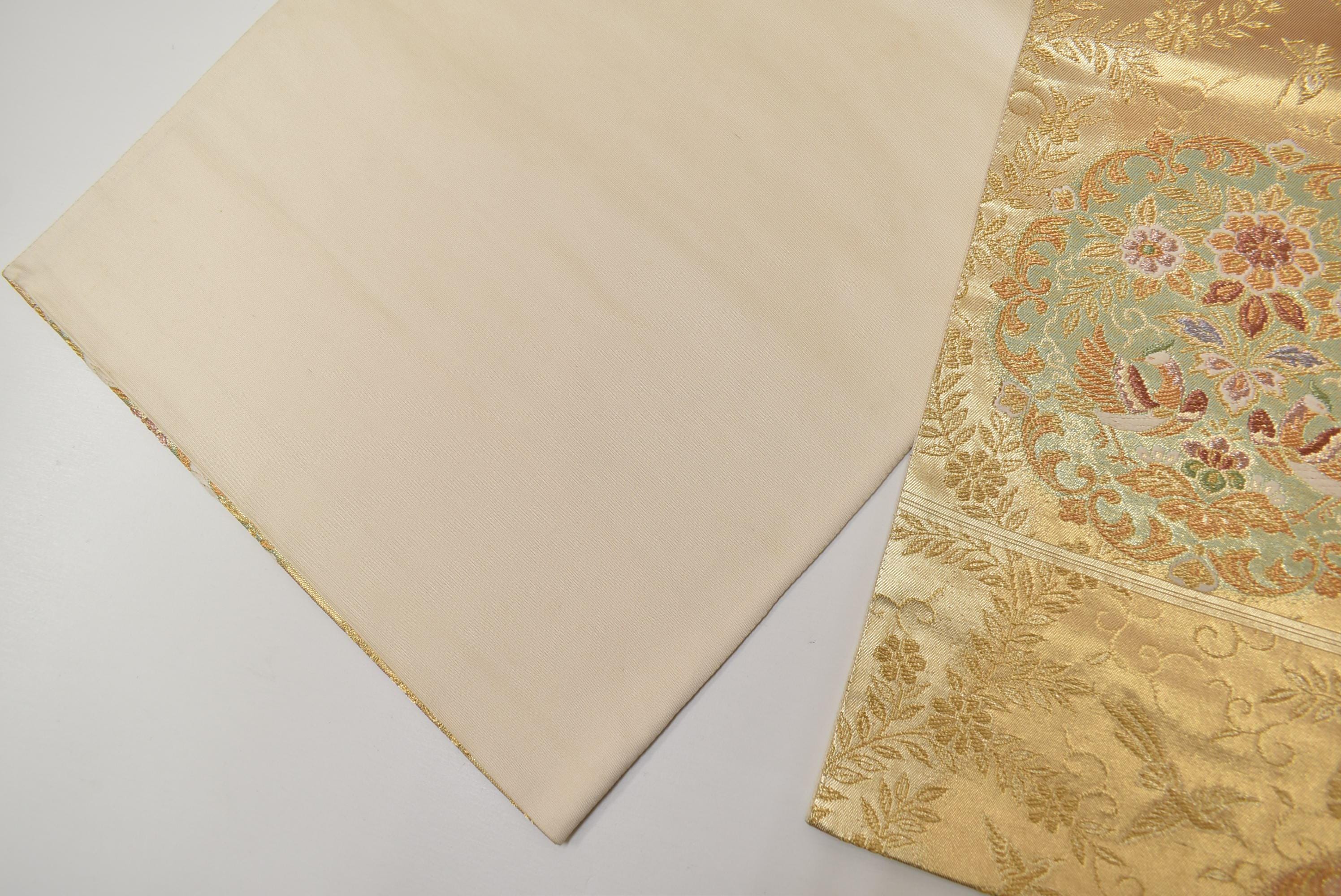 Y156 ヴィンテージ シルク 着物 帯 袋帯 金刺繍 / 丸花 幾何学模様