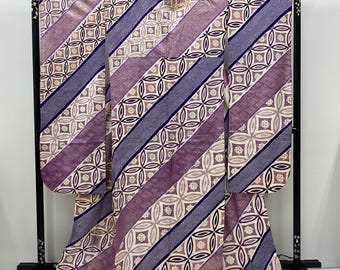 K747 Vintage Silk Wedding Kimono (Furisode): Navy Purple Gold Processing Embroidery Shibori / Kanoko-dot Shippou Rhombus Oblique Stripe
