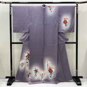K605 Vintage Silk Wedding Kimono (Tsukesage): Grey Purple Gradation / Elegant Flower Tree Peony by Hand Painting
