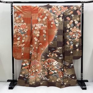 K595 Vintage Silk Wedding Kimono (Furisode) : Pink Brown Gold / Weeping Cherry blossoms Ichimatsu check Raging waves Flower Folding Fan