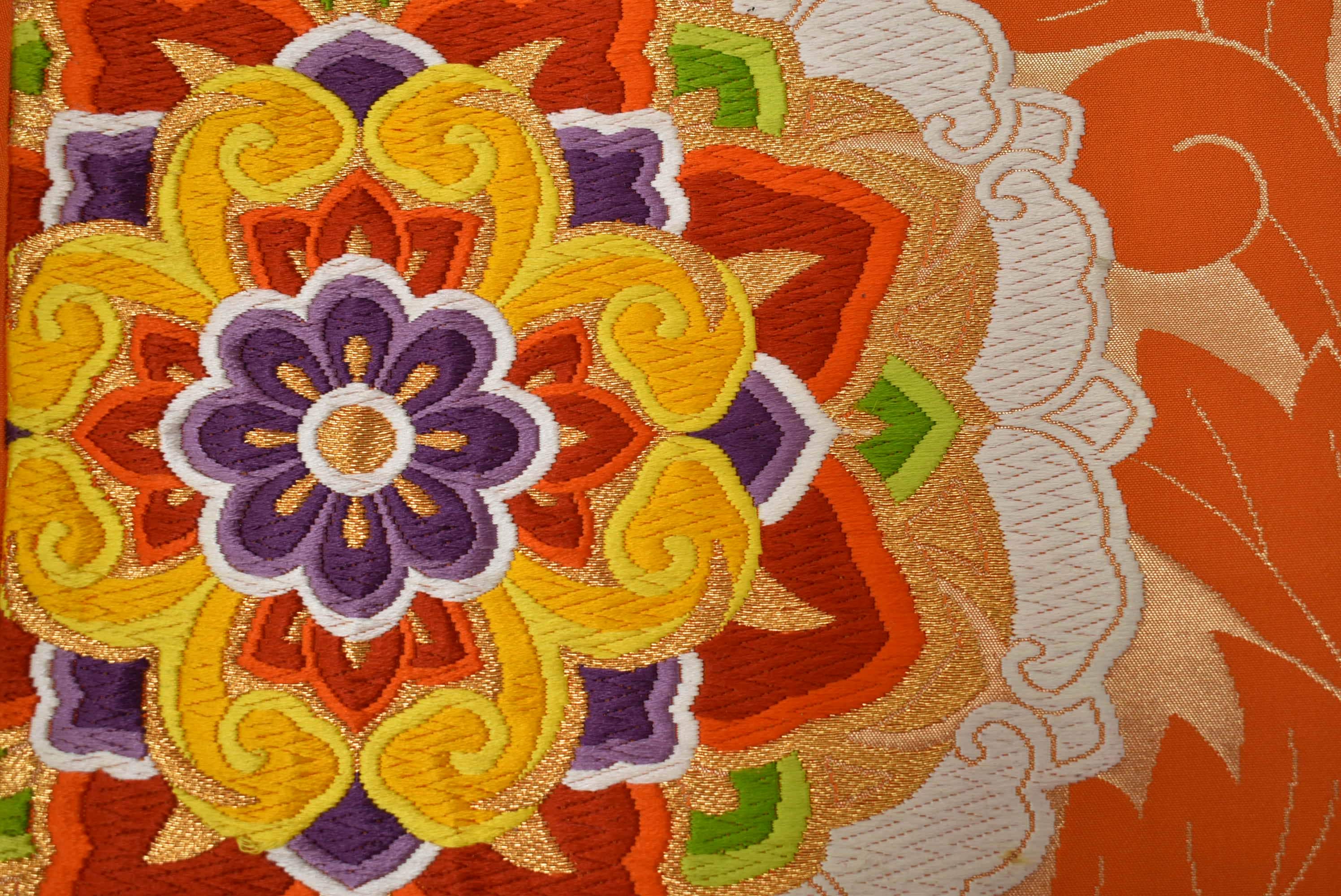 Y998 ヴィンテージ シルク 着物 帯 袋帯 オレンジ 金刺繍 / 唐織