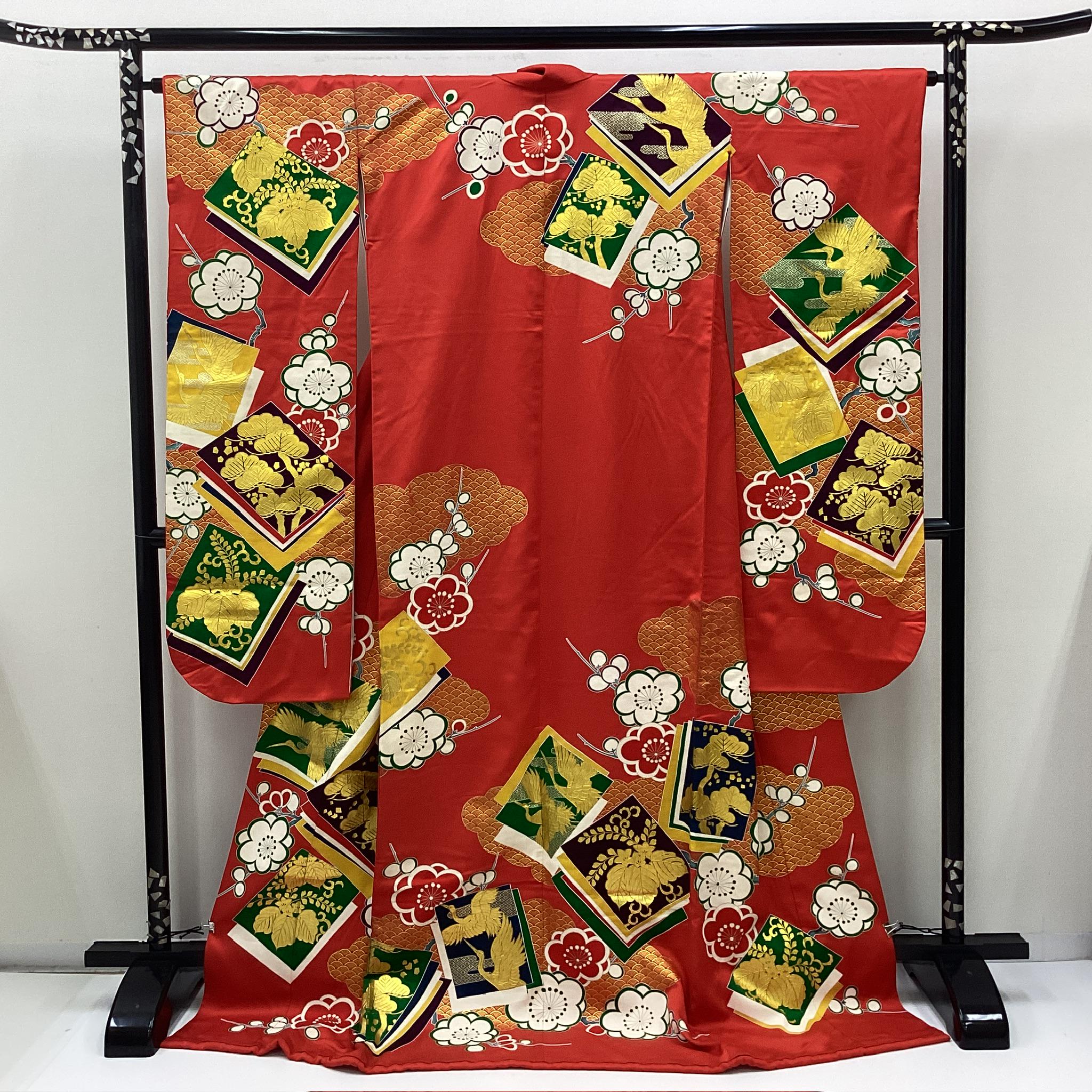 K863 Vintage Silk Wedding Kimono (kakeshita): Red Gold Silver/plum