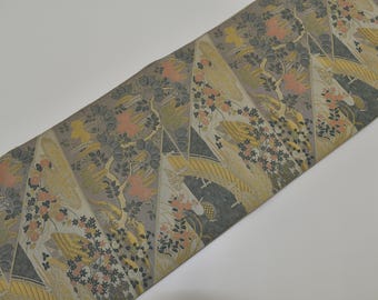 Y468 ヴィンテージ シルク 着物 帯 袋帯 黒 金彩 刺繍 桐 松葉 七宝