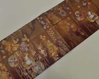 Y=906 Vintage Silk Kimono Obi Belt &#39;Fukuro-Obi&#39; Brown Gold Silver Processing Embroidery/Kara-Ori Flower Round Swallowtail Butterfly