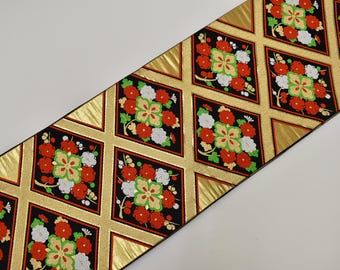 Y890 ヴィンテージ シルク 着物 袋帯 紺 金刺繍 / 唐織 三重塔 京都