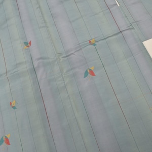 Può includere: Un kimono azzurro con strisce verticali e motivi a forma di foglie colorate. Il kimono ha un design semplice con una vestibilità rilassata, adatto per l'abbigliamento casual. Il tessuto sembra leggero e morbido.