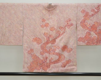 K227 Vintage Silk Kimono Haori Jacket : Shibori Pink Purple Chrysanthemum / Tsunami Wave