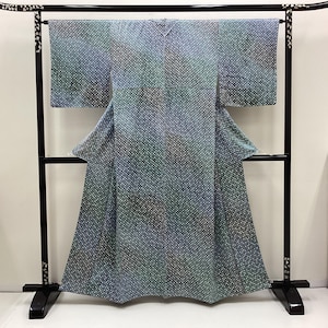 K611 Vintage Silk Wedding Kimono (Komon): Azul Verde Púrpura Gradación Shibori / Kanoko-dot Rhombus Geométrico de Jacquard Weaving