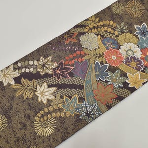 Y214 ヴィンテージ シルク 着物 帯 袋帯 黒 紫 金彩 刺繍 / 唐織 桜