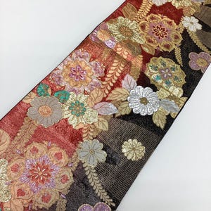 G815 Vintage Silk Kimono Obi Belt &#39;Fukuro-Obi&#39; Red Black Gold Lame Processing / Tsujigahana Flower