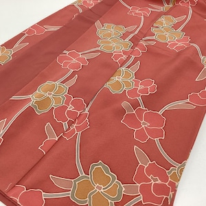 K584 Vintage Silk Wedding Kimono (Komon) : Dark Pink Chirimen Crape Camellia by Wax Batik Stencil dyeing