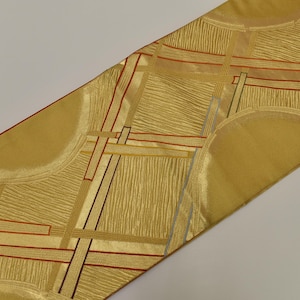 Y355 Vintage Silk Kimono Obi Belt &#39;Fukuro-Obi&#39; Gold Embroidery / Coffered Ceiling Motif