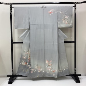 K558 Vintage Silk Wedding Kimono (Homongi) : Light Grey Embroidery Chirimen Crape Chrysanthemum Gradation Plum Blossom by hand painting