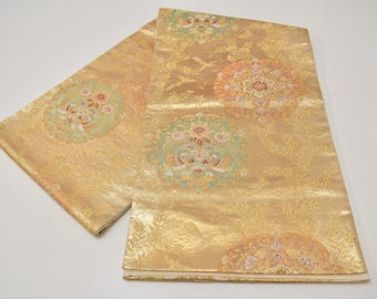 Y156 ヴィンテージ シルク 着物 帯 袋帯 金刺繍 / 丸花 幾何学模様