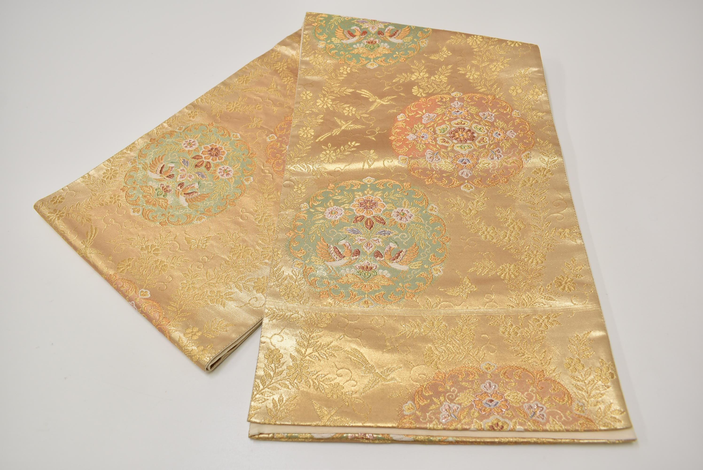 Y156 ヴィンテージ シルク 着物 帯 袋帯 金刺繍 / 丸花 幾何学模様