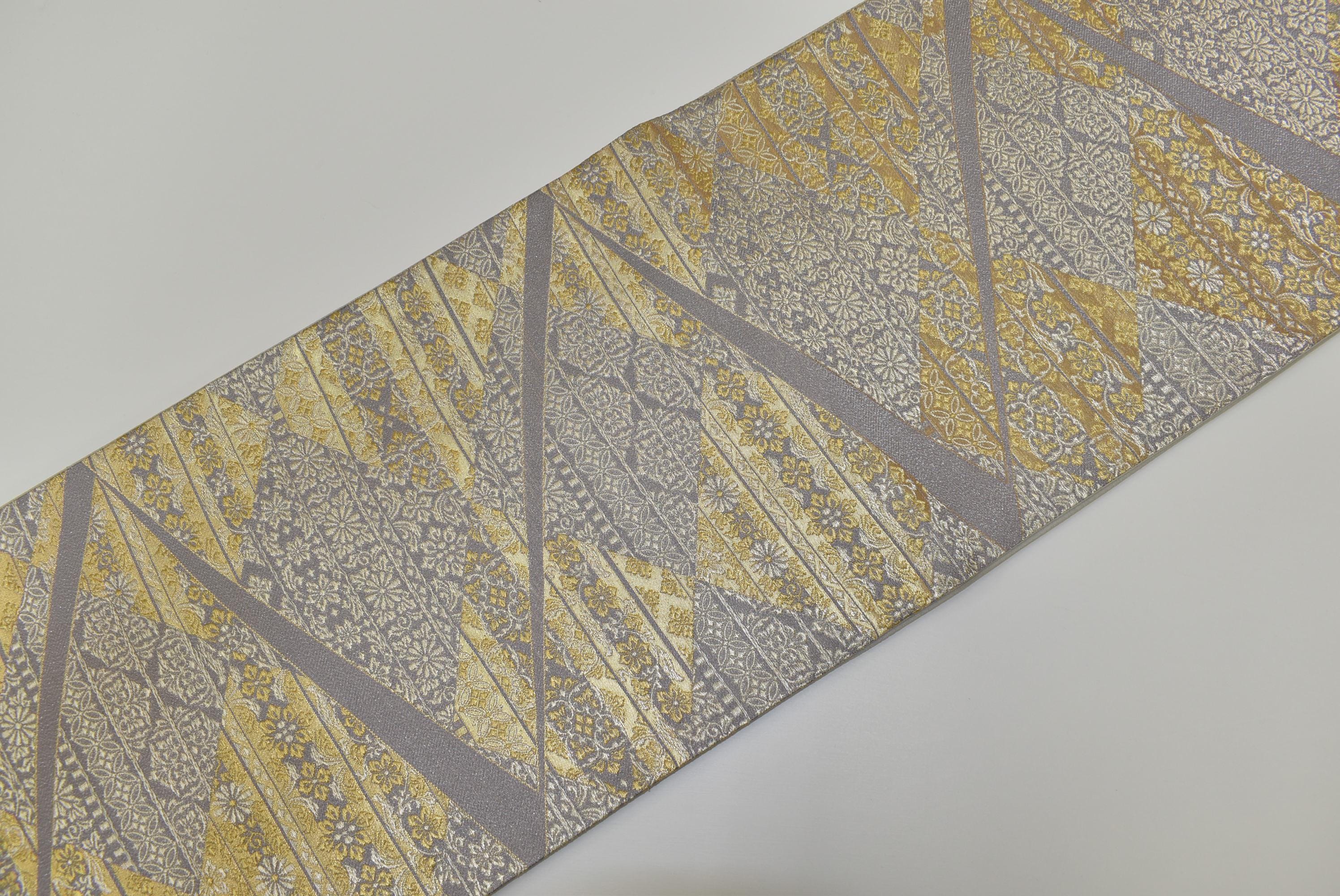 Y679 Vintage Silk Kimono Obi Belt 'fukuro-obi' Grey Gold