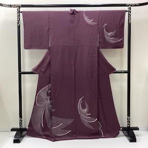 K566 Vintage Silk Wedding Kimono (Tsukesage) : Dark Brown Purple Chirimen Crape Dancing Hearty Peacock by stencil dyeing
