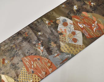 Y890 ヴィンテージ シルク 着物 袋帯 紺 金刺繍 / 唐織 三重塔 京都