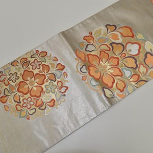 Y659 Vintage Silk Kimono Obi Belt &#39;Fukuro-Obi&#39; Gold Silver Processing Embroidery / Exotic Round Karakusa  Flower