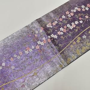 Y568 Vintage Silk Kimono Obi Belt &#39;Fukuro-Obi&#39; Purple Gold Silver Lame Embroidery / Elegant Weeping Cherry blossoms by Jacquard Weaving