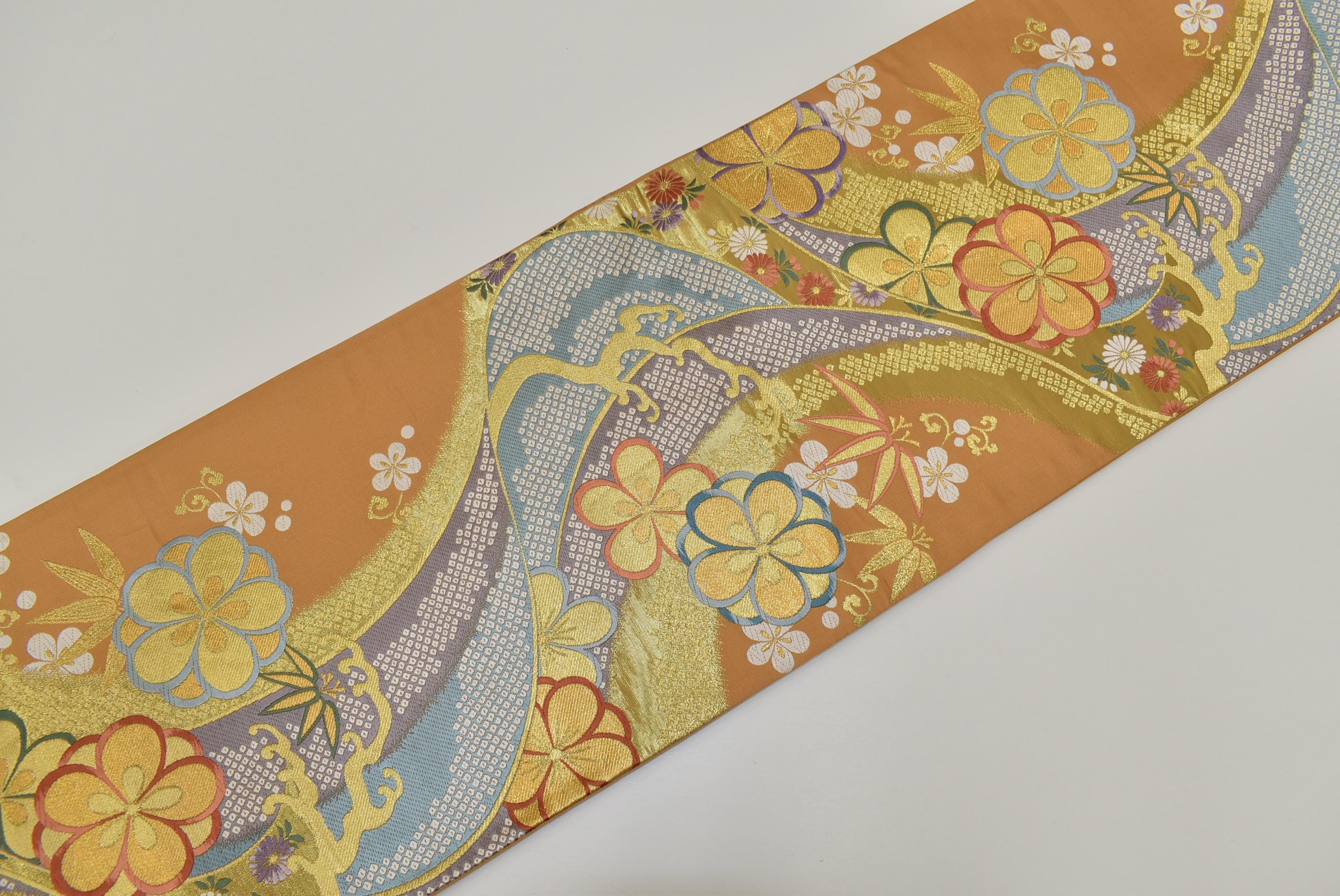 Y186 ヴィンテージ シルク 着物 帯 袋帯 茶 ベージュ 金彩 刺繍 Y186 ヴィンテージ シルク 着物 帯 袋帯 茶 ベージュ 金彩 刺繍