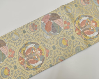 Y131 ヴィンテージ シルク 着物 袋帯 緑 白 金彩 刺繍 / 唐織 竹林 梅