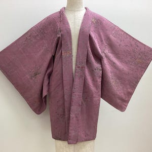 K191 Vintage Silk Kimono Haori Jacket : Purple Gold Silver / Flowering plants by Jacquard Weaving Lacquer