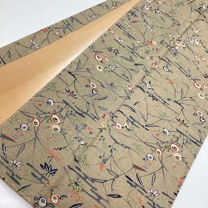 G568 Vintage Silk Wedding Kimono (Komon) : Light Brown Chirimen Crape Unique Chrysanthemum Bamboo Mist by stencil dyeing