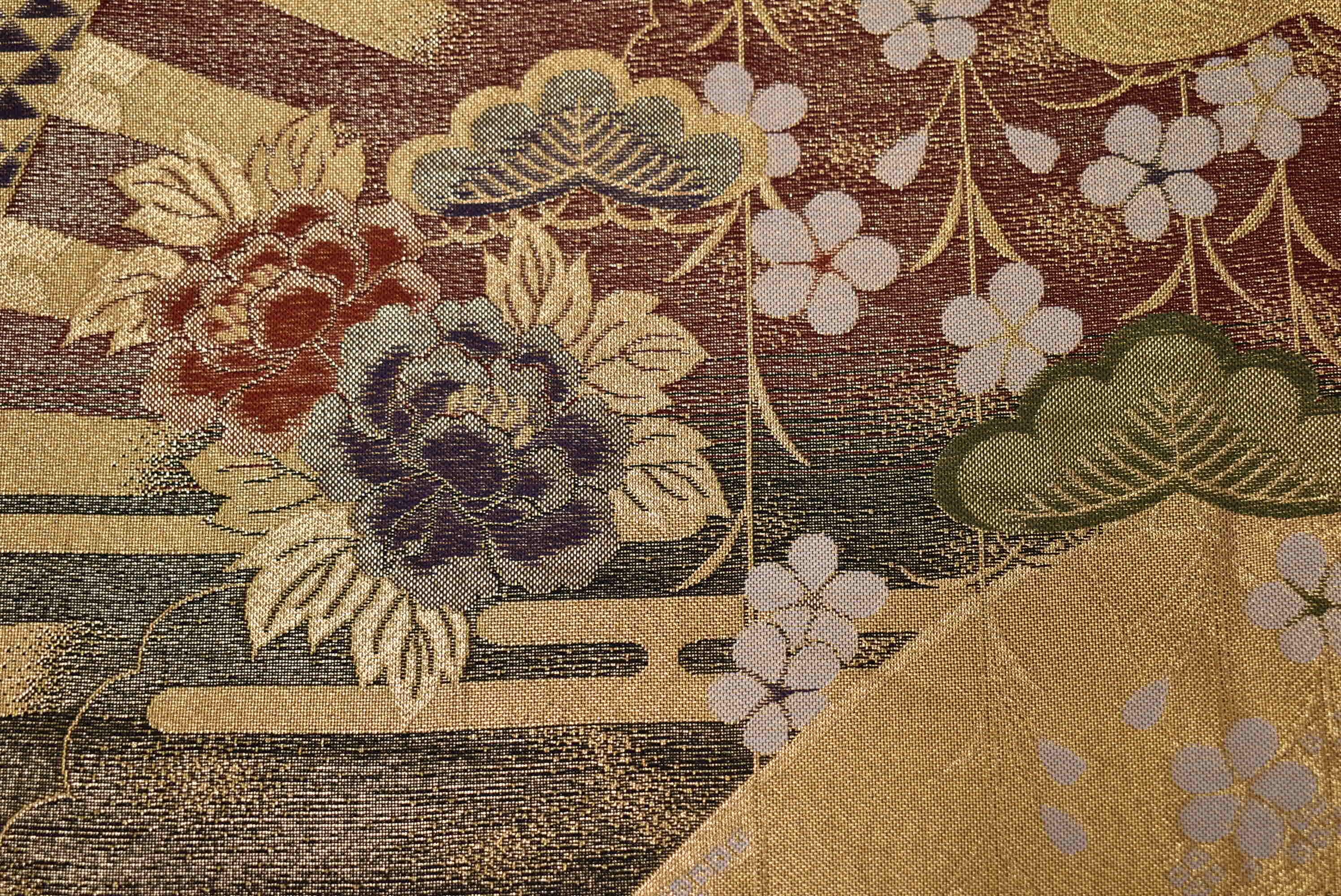 Y962 ヴィンテージ シルク 着物 帯 袋帯 金彩 しだれ桜 松 牡丹 源氏 
