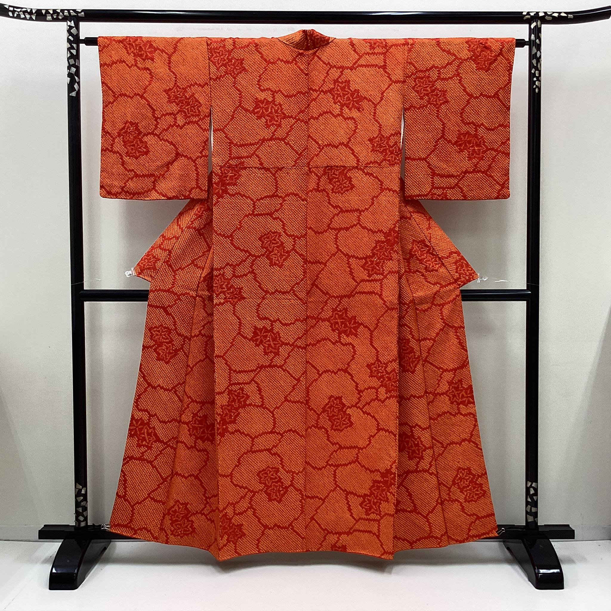 K853 Vintage Silk Wedding Kimono (komon): Red Orange Shibori