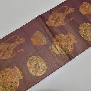 Y59 Vintage Silk Kimono Obi Belt &#39;Fukuro-Obi&#39; Purple Gold Processing / Ancient Japanese Tableware Pottery