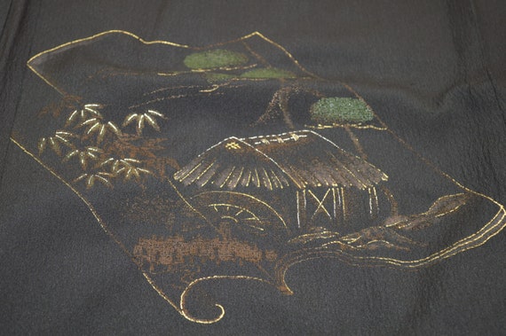 K151 Vintage Silk Kimono Haori Jacket : Black Gol… - image 7