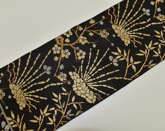 Y759 Vintage Silk Kimono Obi Belt &#39;Fukuro-Obi&#39; Black Gold Processing / Plum blossoms Young Pine Tree at Night Tsuzure Weaving