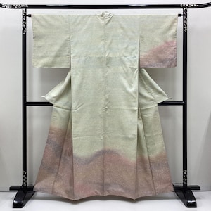 K826 Vintage Seide Hochzeit Kimono (Homongi gefärbt Oshima Tsumugi): Hellgrün / Wachs Batik Schneesturm Abstufung