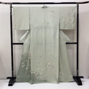 K554 Vintage Silk Wedding Kimono (Tsukesage) : Moss Green Gradation Chirimen Crape Tree Peony Camellia Chrysanthemum by yuzen dyeing