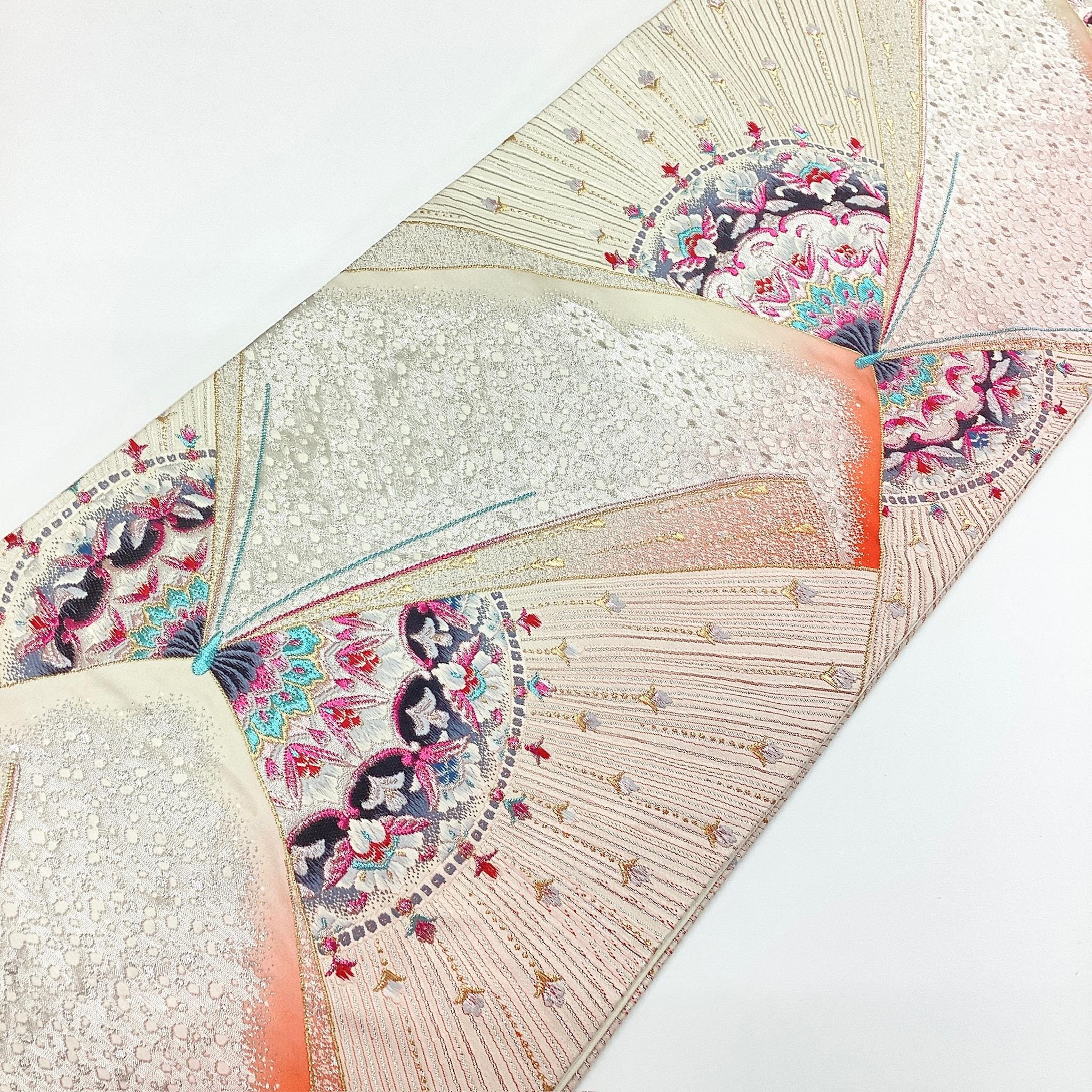 G749 Vintage Silk Kimono Obi Belt 'fukuro-obi' White Orange Gold