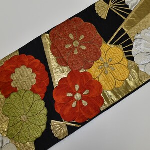 Y809 ヴィンテージ シルク 着物 袋帯 黒 金彩 刺繍 菊 梅 扇子 - Etsy 日本