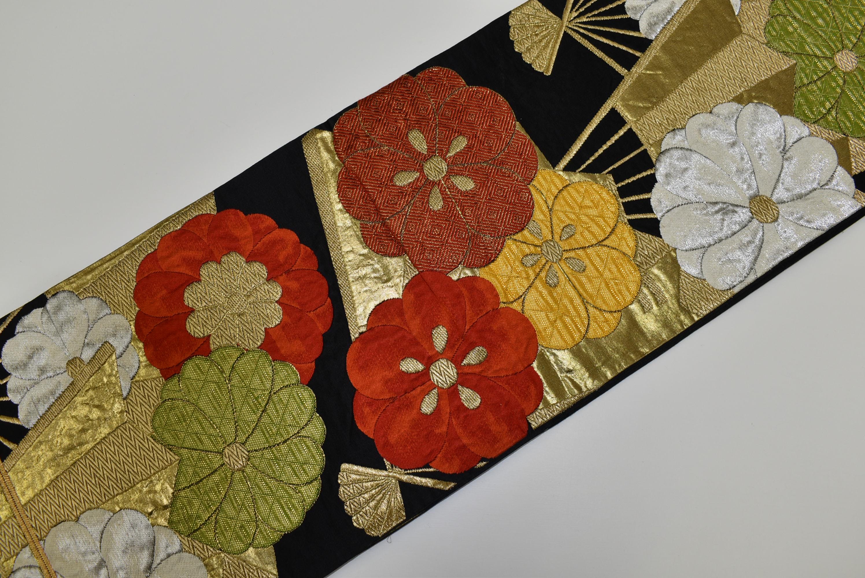 Y809 ヴィンテージ シルク 着物 袋帯 黒 金彩 刺繍 菊 梅 扇子 - Etsy 日本