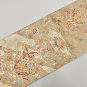Cintura Obi per Kimono in seta vintage Y901 'Fukuro-Obi' Ricamo oro e argento/Farfalla coda di rondine Fiori stagionali Oblique Mist di Jacquard Wedding
