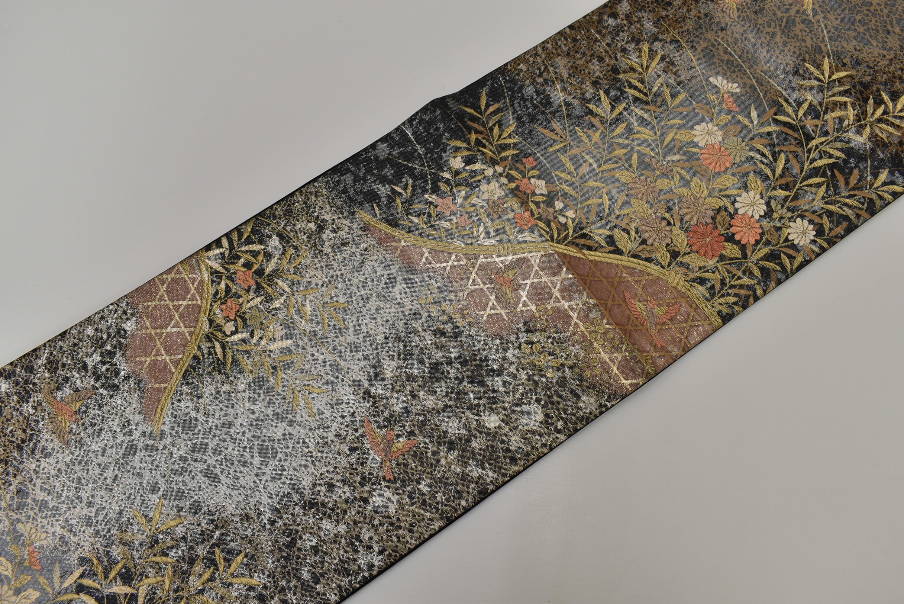 Y520 ヴィンテージ シルク 着物 帯 袋帯 黒 金刺繍 / 川辺 秋の草花 夜 