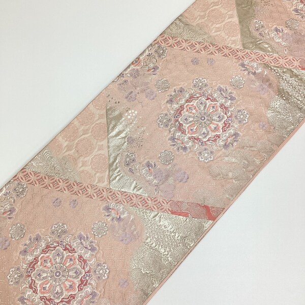 B170 Vintage Silk Kimono Obi Belt 'Fukuro-Obi' Gorgeous Pink / Silver Chrysanthemum