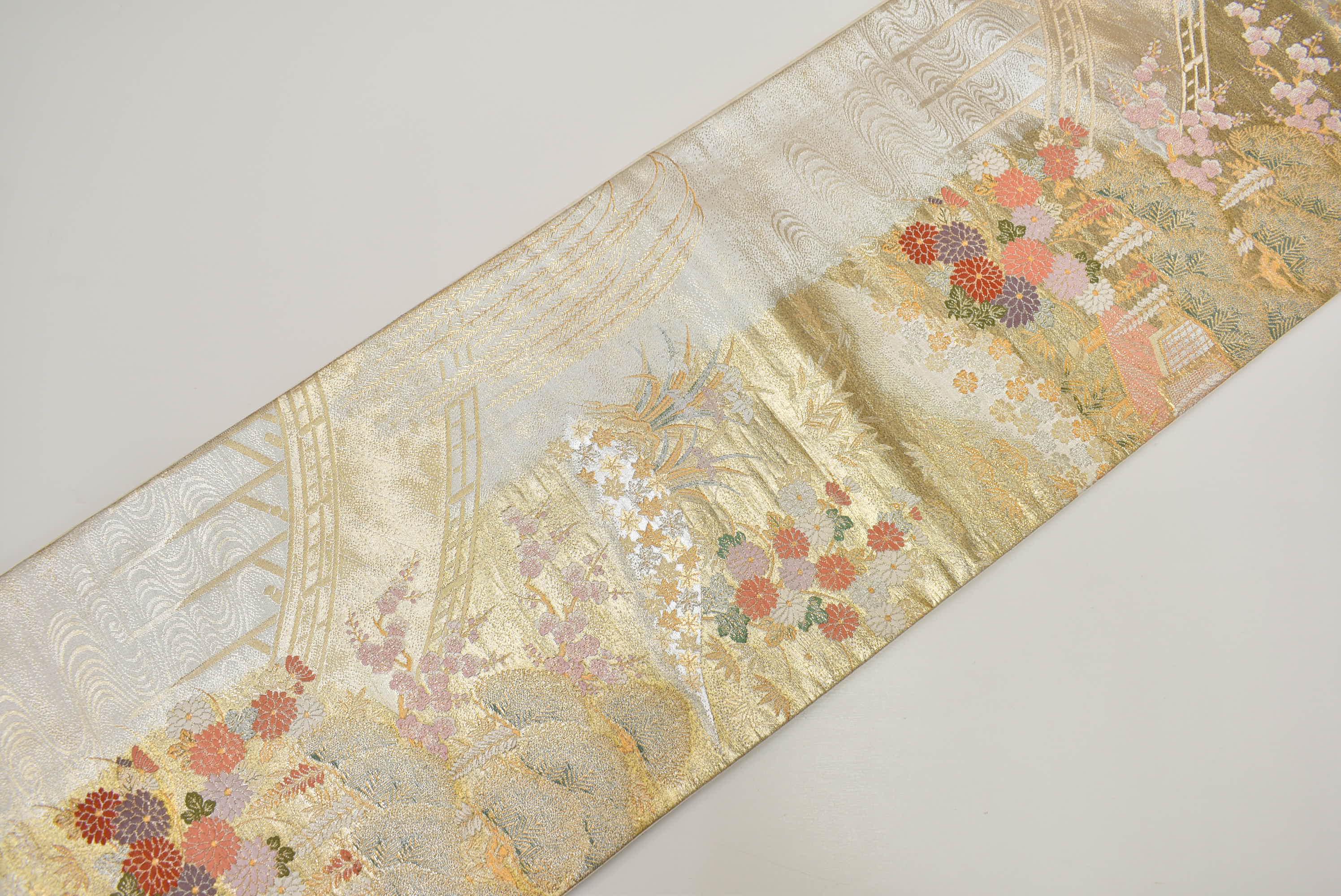 obiページ Y597 Vintage Silk Kimono Obi Belt 'fukuro-obi' Gold Silver