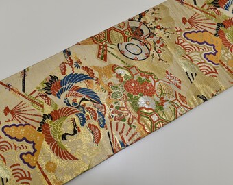 Y582 Vintage Silk Kimono Obi Belt 'fukuro-obi' 1940s Beige