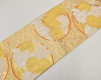 Y998 ヴィンテージ シルク 着物 帯 袋帯 オレンジ 金刺繍 / 唐織
